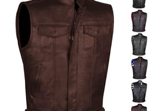SOA Men's Leather Motorcycle Concealed Gun Pockets Biker Club Vest w/Armor Coffee Brown S