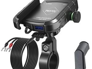 iMESTOU Motorcycle Phone Mount USB Charger Handlebar/ Rear-view Mirror Cellphone Holder Aluminum with 17mm Ball Base Works with 12V/24V Motorcycles Quick Charge for 4.0-6.8 Inch Smartphones (USB Type)