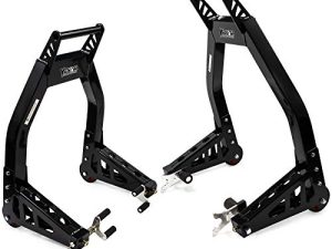 Venom Sport Bike Motorcycle Stand Front & Rear Motorcycle Lift Combo - Black Universal Front Fork & Swingarm Y & Paddle Lift Bike Stand Set