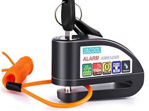 JACOOL Disc Brake Lock Alarm Disc Lock Motorcycle Anti-Theft 110dB Heavy Duty Security Disc Lock with 5ft Reminder Cable 3 Keys Carry Pouch
