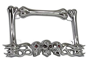 TC Sportline LPF260-C 3D Skull Flames and Bones Style Zinc Metal Chrome Finished Motorcycle License Plate Frame