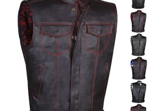 SOA Men's Leather Motorcycle Concealed Gun Pockets Biker Club Vest w/Armor Paisley Red S