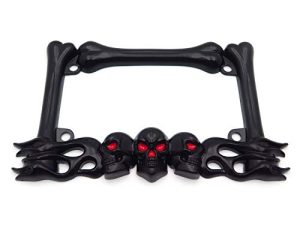 HTTMT- MT294-006- 3D SKULL FLAME BONES BLACK MOTORCYCLE LICENSE PLATE FRAME Compatible With HARLEY-DAVIDSON Black