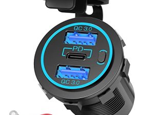 Newest 12V USB Outlet Ouffun 56W 12V USB C Car Charger Socket 20W PD & Dual 18W QC3.0 Car USB Port 12V Socket with Power Switch Waterproof Multiple Outlet for Car Boat RV Marine Motorcycle Golf Cart