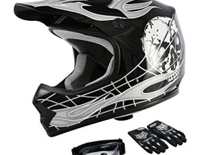 TCMT Dot Youth & Kids Motocross Offroad Street Helmet Black Skull Motorcycle Youth Helmet Dirt Bike Motocross ATV Helmet+Goggles+Gloves M