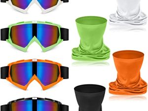 4 Pcs Motorcycle Dirt Bike Goggles for Men Women Windproof Adjustable ATV Goggles and 4 Pcs Neck Gaiter Breathable Face Cover Motorcycle Face Mask for Motocross Riding Cycling Hiking