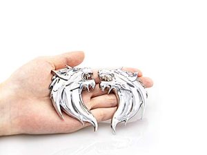 CARRUN 2pcs 3D Wolf Head Metal Emblem Car Motorcycles Side Fender Rear Styling Emblem Badge Decal (Silver)