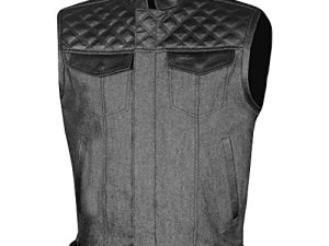 SOA Men's Leather Armor Motorcycle Vest - Genuine Cowhide & Denim Dual Concealed Carry Gun Pockets - Biker Club Vests Outlaws Touring Rallies Street Cruiser Riding - Dual Action Snap Closure Black S