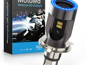 WAYRANK H4 LED Motorcycle Headlight Bulb 9003 HS1 Hi/Lo Beam 25W 3500LM 6000K Cool White with Blue Angel Eye Daytime Running Light