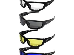 4 Pair of Global Vision Sly Padded Motorcycle Sunglasses Black Frames 1 Clear 1 Smoke Lens & 1 Yellow Lens (Clear Smoke Yellow & Blue)