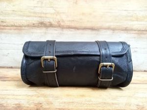 mPelle Small Handcrafted Leather Brown Black Motorcycle tool Bag Side Saddle Bag Bike Handlebar Bag Storage Bag Fork Tool Pouch Kit (Black)