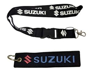 Ewein 1pc Black Lanyard + 1pc Tag Embroidered Keychain D Shape Carabiner Clip Motorcycle Superbike Scooter Car ATV UTV House Keys Chain Office ID Biker Accessories Works with (Suzuki)
