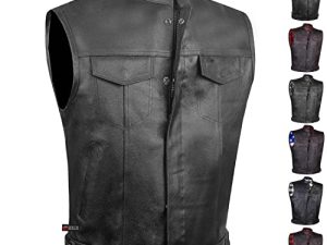 SOA Men's Leather Motorcycle Concealed Gun Pockets Biker Club Vest w/Armor M