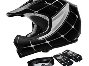TCT-MOTORPARTS DOT Youth ATV Helmets w/Goggles+Gloves Kids Motocross Offroad Street Dirt Bike Helmet+Gloves+Goggles Black Spider Small