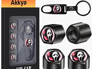 Akkya Tire Valve Stem Caps Cover for Car Bike Bicycle Motorcycles Tractors Mountain Bikes Trucks Funny Fun Ghost Skull Face Black Metal Chrome Tire Air Pressure Covers Wheel Accessories Parts