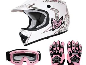 SLMOTO Dot Youth Kids Helmet Motocross Offroad Street Helmet Motorcycle Helmet Dirt Bike Motocross ATV Pink Butterfly Design Helmet Goggles Gloves Large