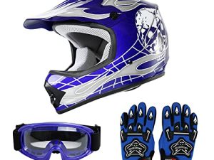 SLMOTO Dot Youth Kids Helmet Motocross Offroad Street Helmet Motorcycle Helmet Dirt Bike Motocross ATV Blue Skull Design Helmet+Goggles+Gloves Small