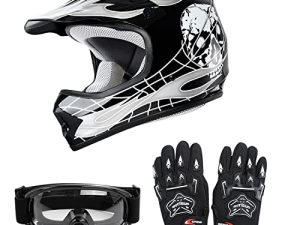 SLMOTO Dot Youth Kids Helmet Motocross Offroad Street Helmet Motorcycle Helmet Dirt Bike Motocross ATV Black Skull Design HelmetGogglesGloves Large