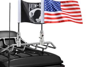 2 Pack Motorcycle Flag Pole Fold Down 90° with American Flag and Pow-mia Flag 6.7'' x 10.2'' Flag Pole Holder Bracket Fit for 1/2'' Tubular Luggage Rack Harley Touring Spring Honda Goldwing etc.