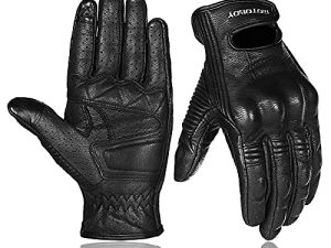 motoboy Leather Motorcycle Gloves for Men and Women Breathable Motorbike Riding Gloves Full Finger Touch Screen with Hard Knuckle Protector (Perforated Black Large)