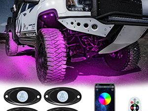 RGB LED Rock Lights Underglow Neon Multicolor Waterproof Lighting Kits with APP/RF Bluetooth Timing Mode Control fit for Truck ATV SUV Offroad CAR UTV Jeep Boat Motorcycle Four Wheeler 4PODS