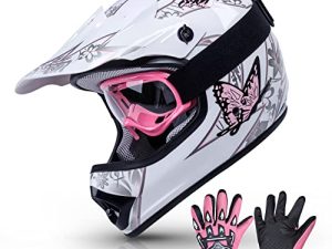 TCT-MT DOT Youth Kids Helmet+Goggles +Gloves ATV Street Dirt Bike Motocross Motorcycle Helmet (Pink Butterfly