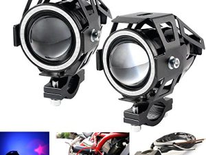 LEDUR Motorcycle Headlight Led U7 DRL Fog Driving Running Light with Angel Eyes Lights Ring Front Spotlight Strobe Flashing Blue Light and Switch(2PCS
