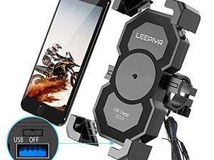 leepiya Motorcycle Cell Phone Mount with USB Quick Charger 3.0 Mount on 2-3CM Handlebar or Rear-View Mirror Fast Charging for 4-7 inch Cellphones