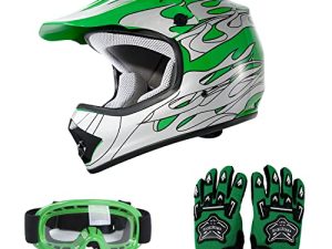 SLMOTO Dot Youth Kids Helmet Motocross Offroad Street Helmet Motorcycle Helmet Dirt Bike Motocross ATV Green Flame Design Helmet+Goggles+Gloves Small