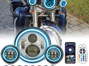 SUNPIE Compatible with H_arley Motorcycles 7 inch RGBW Halo LED Headlight Bulb Silver+4-1/2 inch RGBW Fog Lights with Mounting Bracket Waterproof App Remote Control Custom Colors Voice/Music Mode