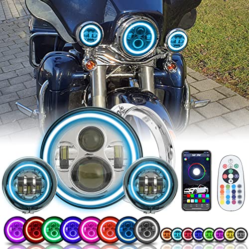 SUNPIE Compatible with H_arley Motorcycles 7 inch RGBW Halo LED Headlight Bulb Silver+4-1/2 inch RGBW Fog Lights with Mounting Bracket Waterproof App Remote Control Custom Colors Voice/Music Mode SUNPIE Compatible with H_arley Motorcycles 7 inch RGBW Halo LED Headlight Bulb Silver+4-1/2 inch RGBW Fog Lights with Mounting Bracket Waterproof App Remote Control Custom Colors Voice/Music Mode